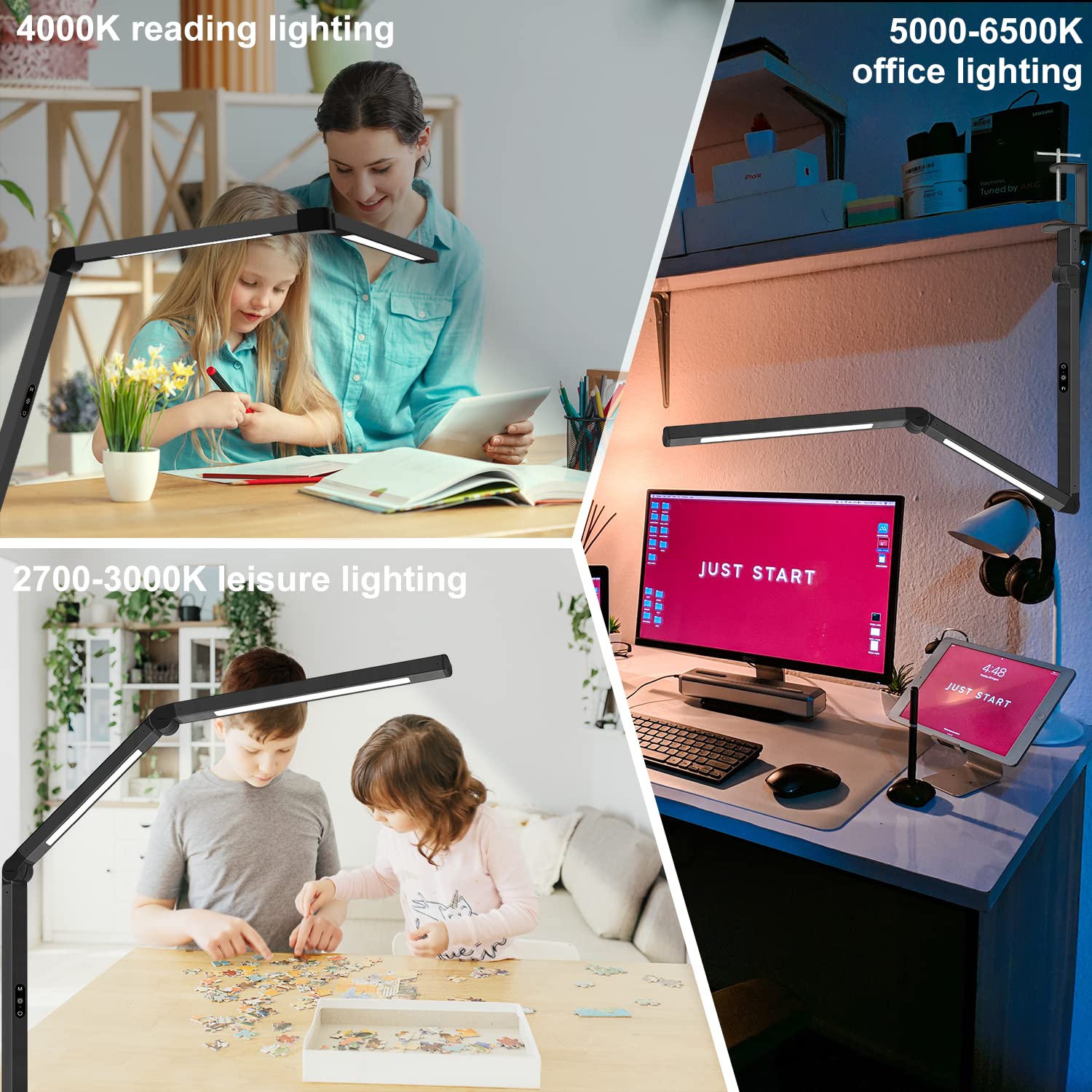 LED Desk Lamp with Clamp, Architect Desk Lamp with Dual Light and Adjustable Swing Arm, Clip-on Eye-Care 4 CCT Modes & 5 Brightness Levels Table Micomlan