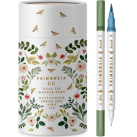 Primrosia 60 Dual Tip Marker Pens, Fineliner and Watercolor Brush Pens for Art Sketching Illustration Calligraphy Permanent Highlighter Bullet Primrosia