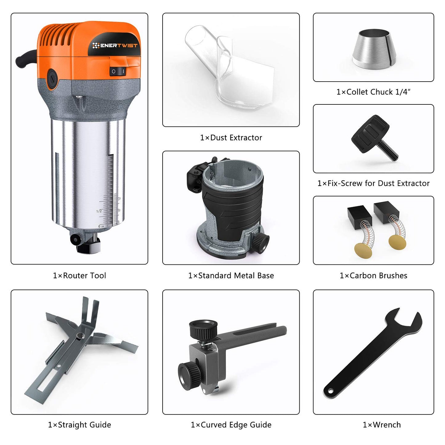 ENERTWIST Compact Router Tool, 7.0-Amp 1.25HP Soft Start Variable Speed Wood Router Kit w/Fixed Base, 1/4" & 3/8" Collets, Edge Guide, Roller Guide, - WoodArtSupply