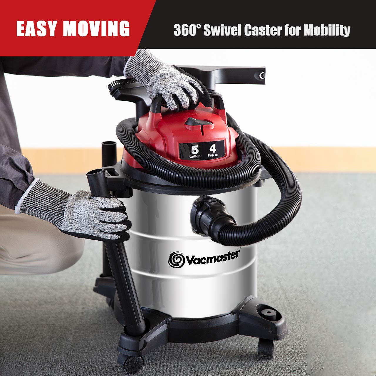 Vacmaster Red Edition VOC508S 1101 Stainless Steel Wet Dry Shop Vacuum 5 Gallon 4 Peak HP 1-1/4 inch Hose Powerful Suction with Blower Function Vacmaster