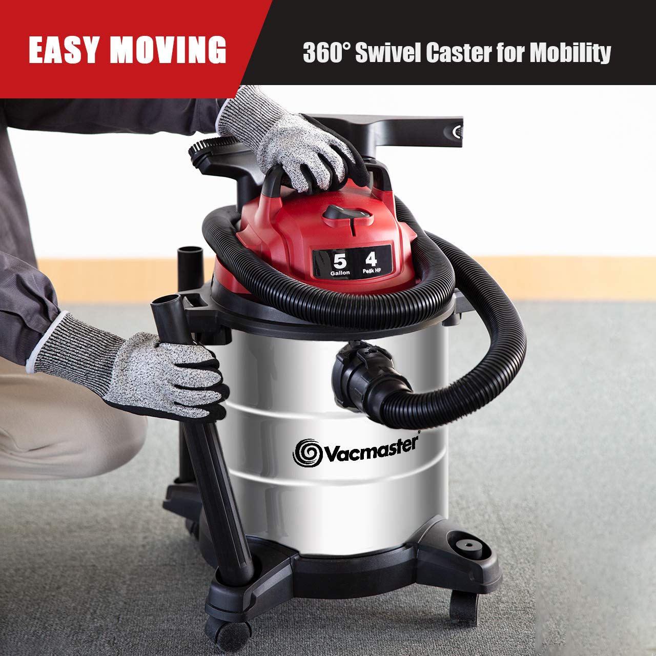 Vacmaster Red Edition VOC508S 1101 Stainless Steel Wet Dry Shop Vacuum 5 Gallon 4 Peak HP 1-1/4 inch Hose Powerful Suction with Blower Function