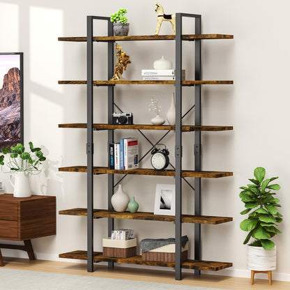 Tall 6-Tier Industrial Style Bookshelf with Rustic Wooden Shelves and Metal Frame - WoodArtSupply