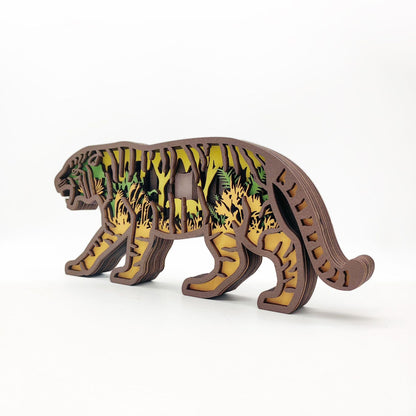 Mr.Fashion 3D Tiger Wood Carving, Multi-Layer Hollow Crafts, Creative Home Decor, Wooden Animal Decoration, Table Decoration (with lamp)