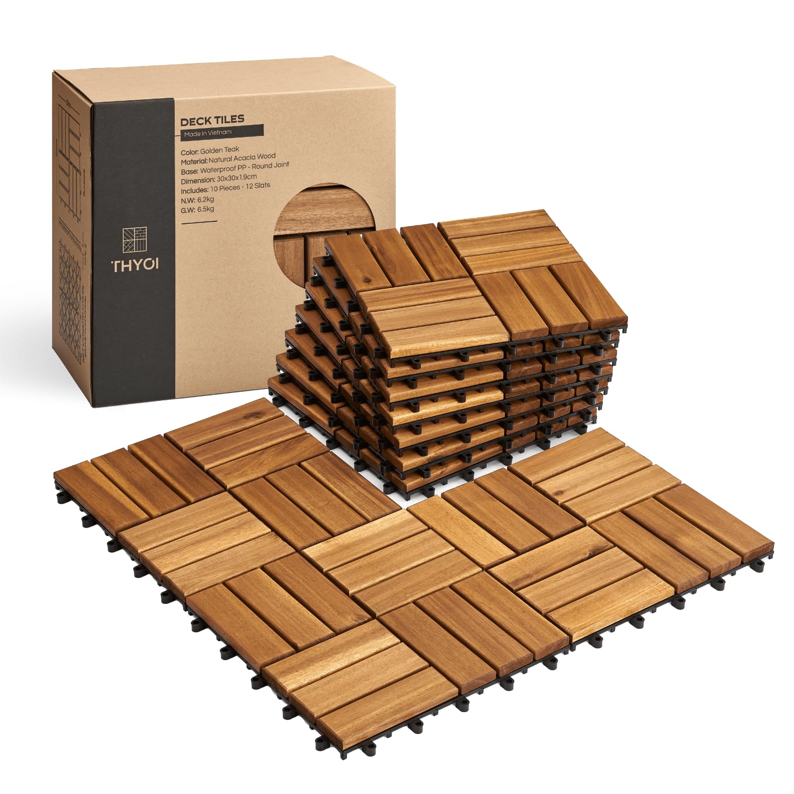 THYOI 10 Pcs Acacia Wood Deck Tiles 12" x 12", Deck Tiles Interlocking Outdoor All Weather, Patio Flooring Waterproof, Wood Patio Tiles for Indoor - WoodArtSupply