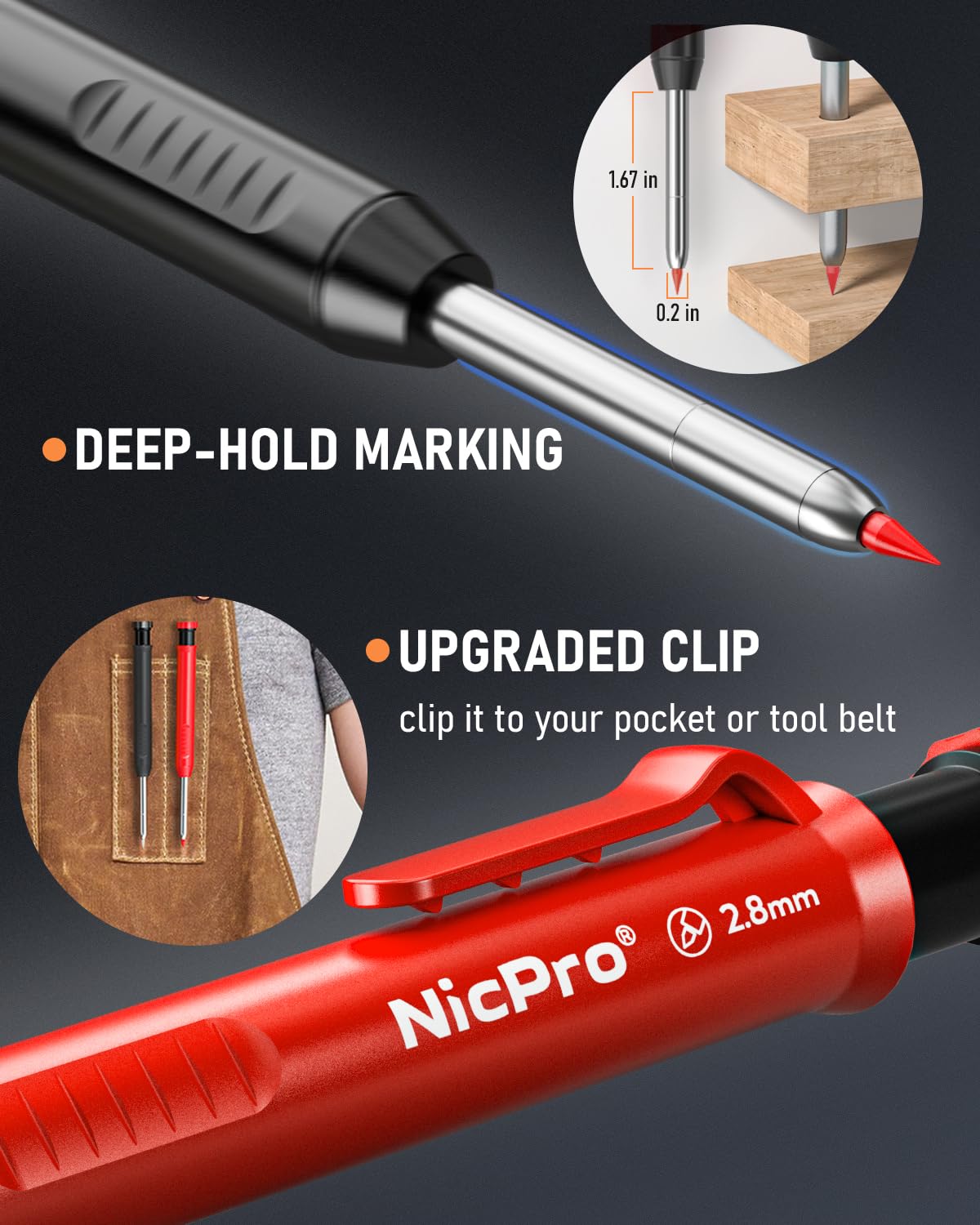 Nicpro 5 Pack Carpenter Pencil with Sharpener, Mechanical Carpenter Pencils with 41 Refills (Red, Black, Yellow), Deep Hole Marker Construction Heavy - WoodArtSupply