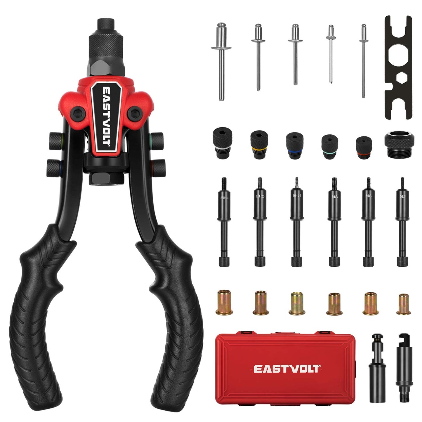 Eastvolt Rivet Nut Tool, 3 in 1 Hand Rivet, Rivet Gun Rivet Nut Tool Reamer 3 in 1 Set, Including 60Pcs Rivet Nuts, 6 Metric & SAE Mandrels and 2 - WoodArtSupply