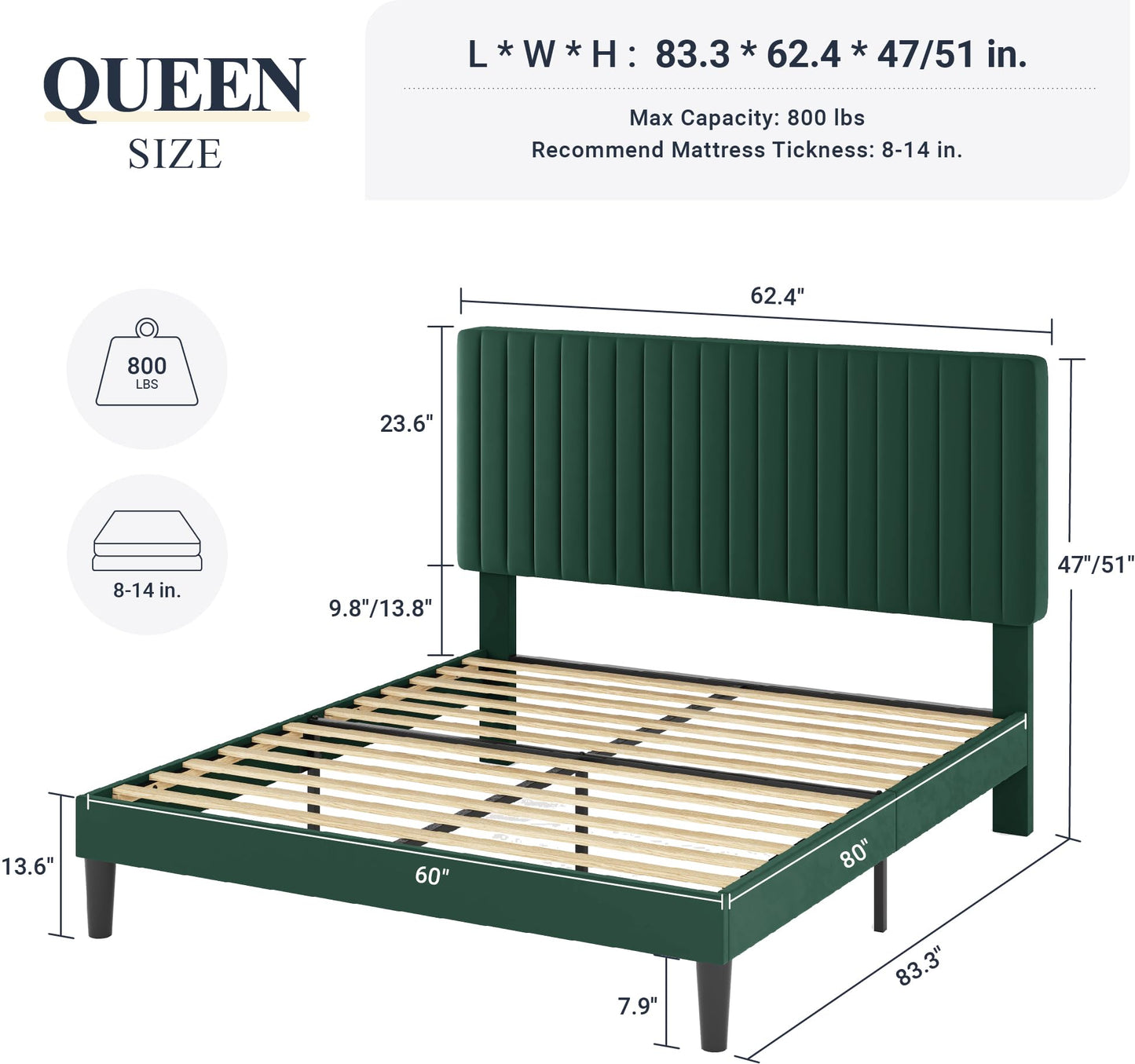 Allewie Queen Bed Frame, Velvet Upholstered Platform Bed with Adjustable Vertical Channel Tufted Headboard, Mattress Foundation with Strong Wooden