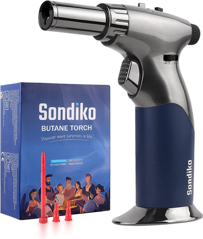 Sondiko Triple Flame Adjustable Mini Butane Torch Lighter - Refillable with Continuous Flame Lock for Creme Brulee, Cooking (Butane Not Included)