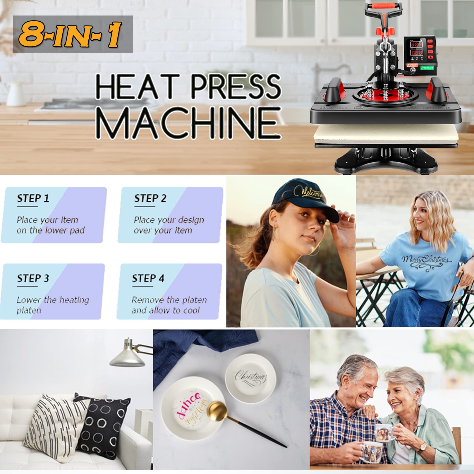 8 in 1 Upgraded 15 x 12 Heat Press Machine for Shirts Industrial-Quality Digital Swing Heat Press Sublimation Machine Powerpress Heat Press Machine - WoodArtSupply