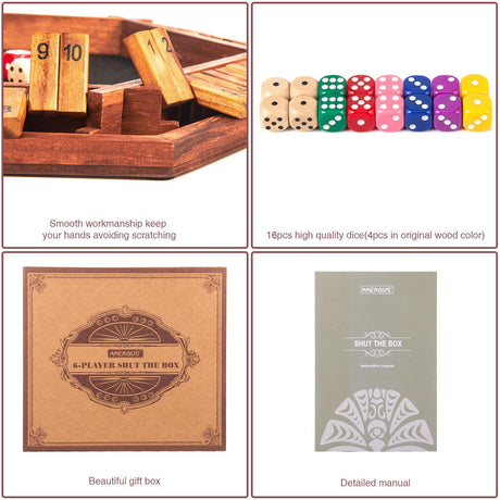 AMEROUS Upgraded 1-6 Players Shut The Box Dice Game, Wooden Board Table Math Game with 16 Dice for Kids Adults, Family Classroom Home Party or Pub AMEROUS