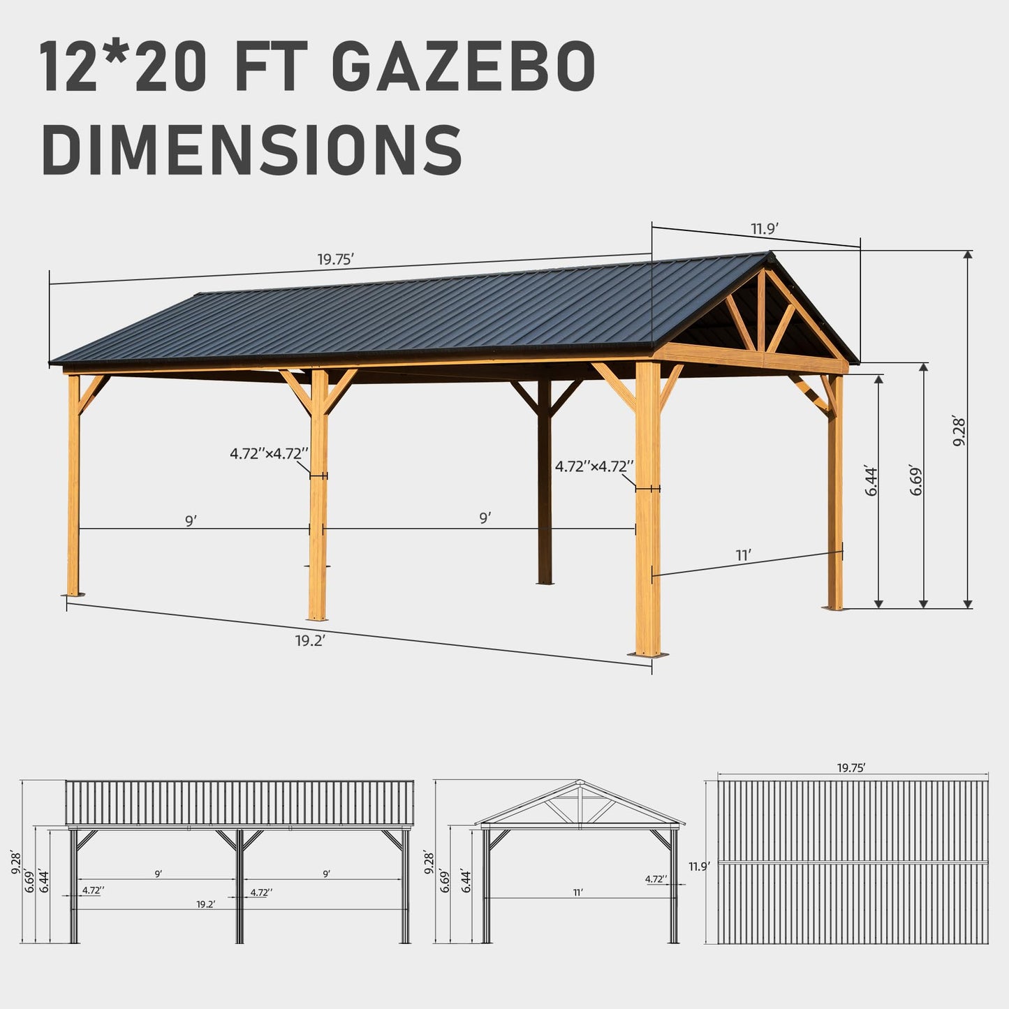 Domi 12' x 20' Hardtop Gazebo with Galvanized Steel Gable Roof, Pergola with Wood-Looking Aluminum Frame, Permanent Pavilion Outdoor Gazebo with - WoodArtSupply