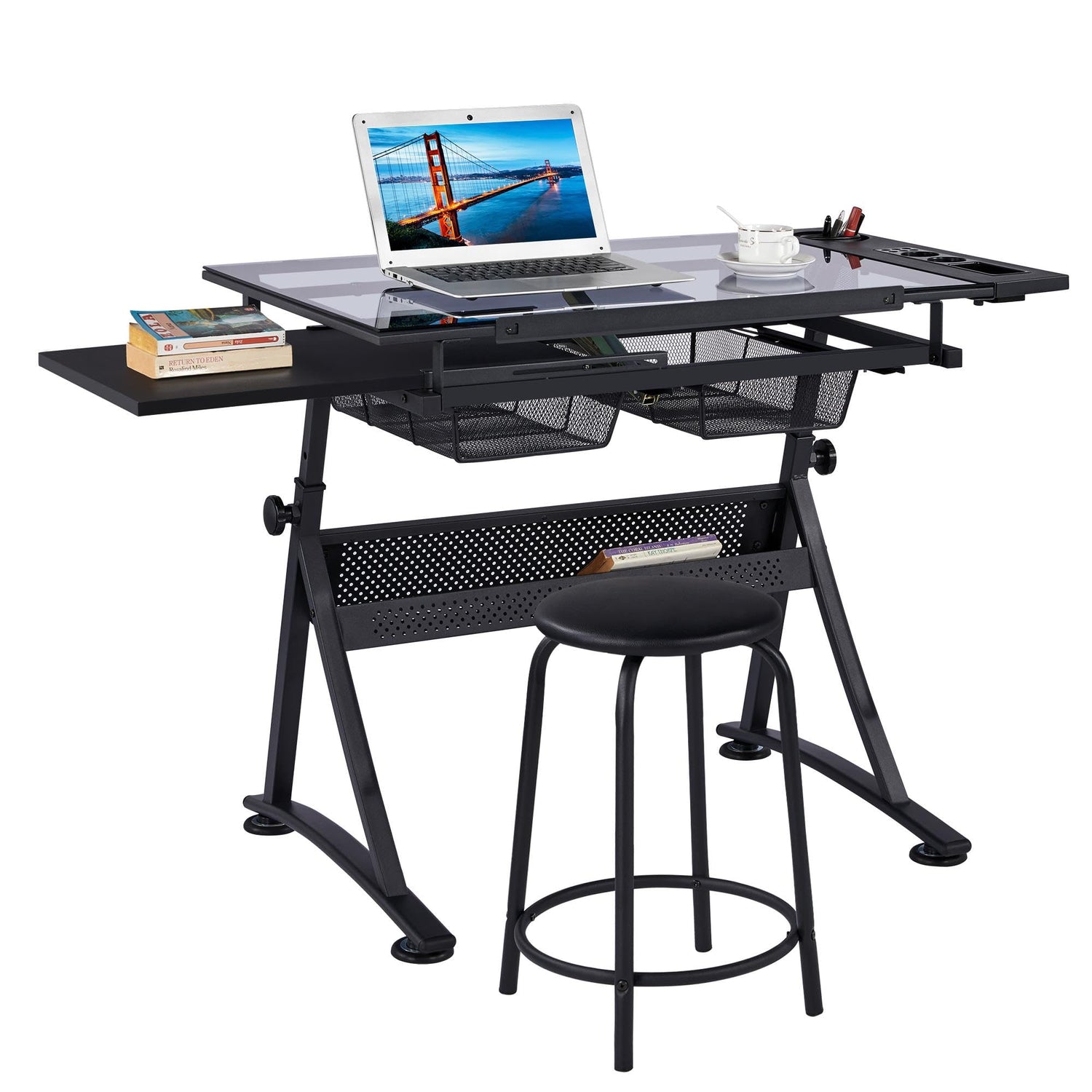 Yaheetech Drawing Table, Art Craft Desk with Adjustable Tabletop, Painters/Artist Work Station, Study Table with Stool, Tempered Glass Top Yaheetech