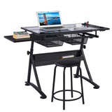 Yaheetech Drawing Table, Art Craft Desk with Adjustable Tabletop, Painters/Artist Work Station, Study Table with Stool, Tempered Glass Top Yaheetech