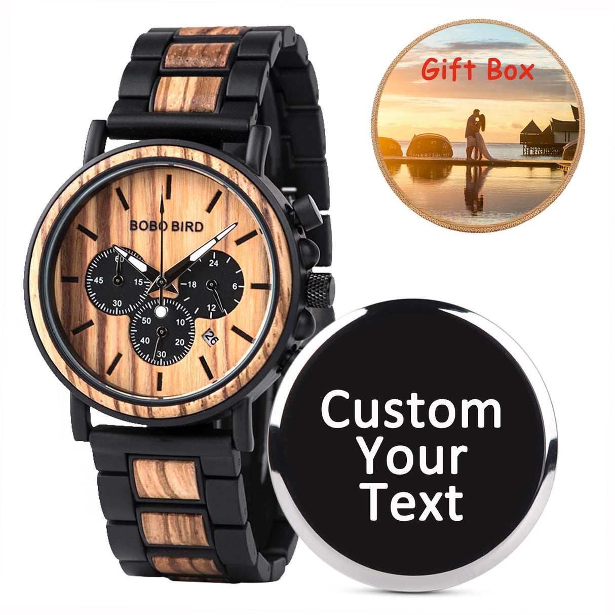 BOBO BIRD Mens Personalized Engraved Wooden Watches, Stylish Wood & Stainless Steel Combined Quartz Casual Wristwatches for Men Family Friends BOBO BIRD