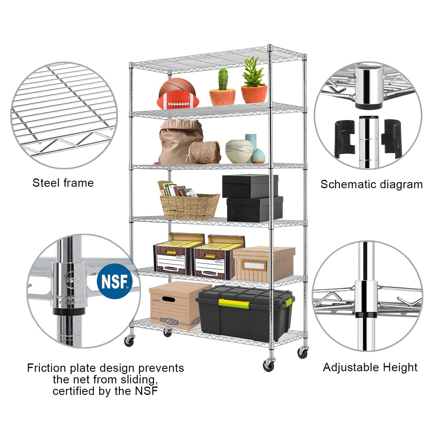 6-Tier Storage Shelf, Wire Shelving Unit NSF Certified Storage Rack 48" W x 18" D x 82" H 2100Lbs Capacity Adjustable Layer Heavy Duty Metal Rack - WoodArtSupply