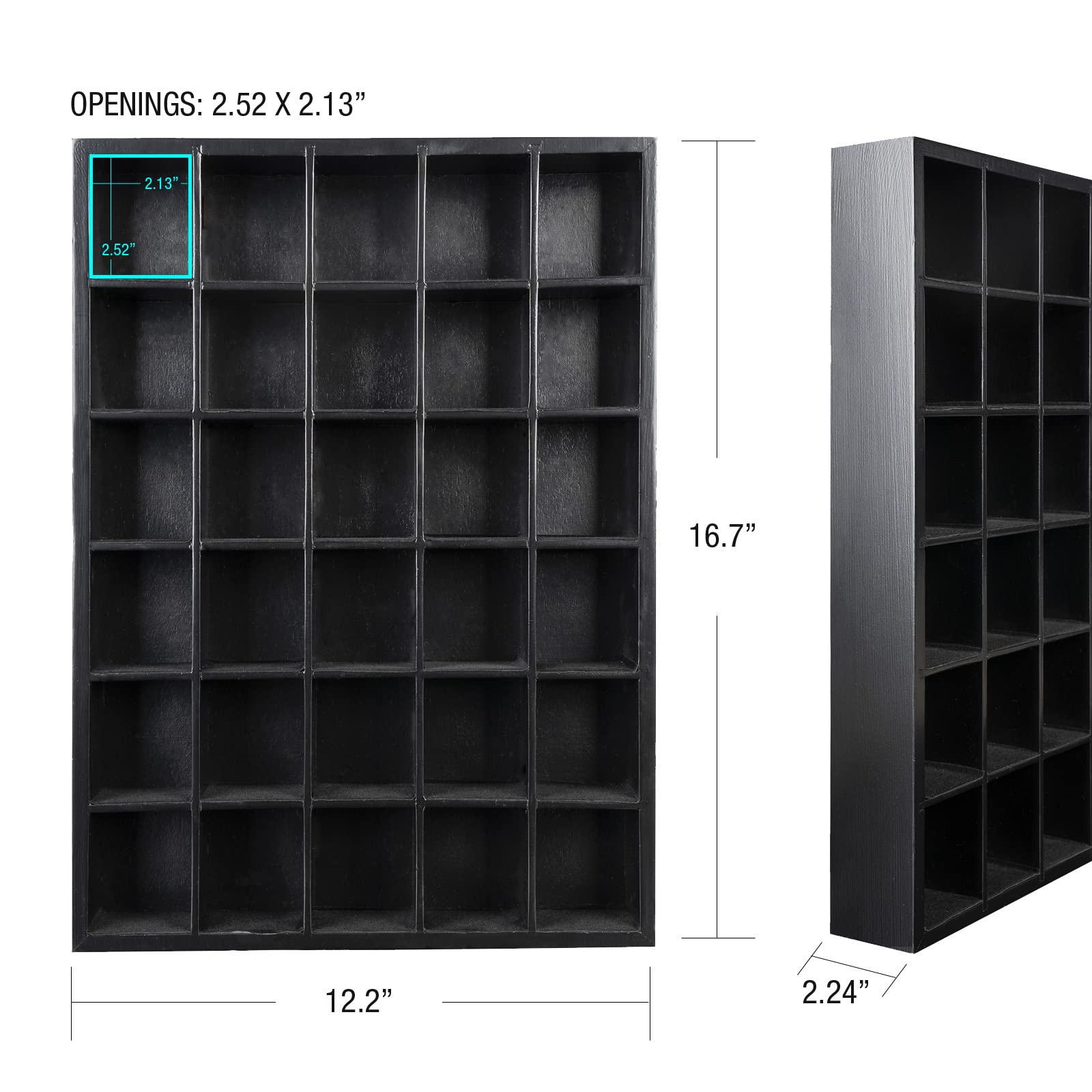 GSM Brands Shot Glass Display Case, Black Wood, Holds Set of 30 Glasses (16.7 x 12.2 - Each Opening Measures 2.52 x 2.13) - WoodArtSupply