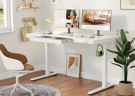 YDN Glass Standing Desk with Drawers, 48 x 24 Inch Electric Stand Up Desk with USB Ports, Adjustable Height Desk for Home Office, White YDN