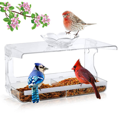WENMIXER Window Bird Feeder with Non-Marking Self-Adhesive Hooks, Clear Window Bird Feeder for Outside, Transparent Bird House, Outdoor Bird Feeders,
