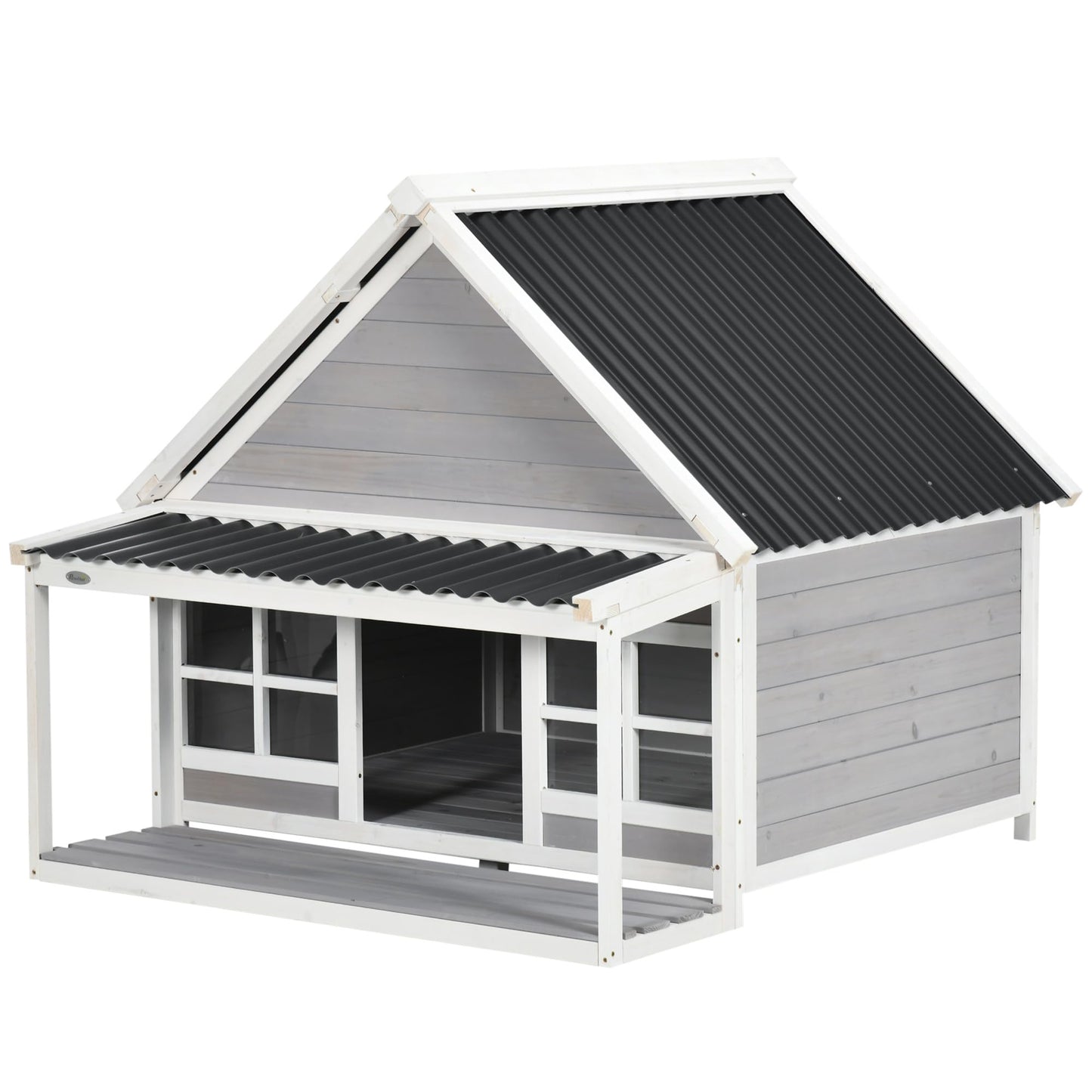 PawHut Wooden Dog House with Porch, Dog House Outdoor with Tilt Roof, Front Door, Windows for Medium Large Sized Dog