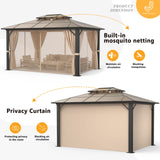 Jolydale 10'x12' Hardtop Gazebo, Double Roof Gazebo, Aluminum Frame Permanent Pavilion with Netting and Curtains, Outdoor Polycarbonate Gazebo, for Jolydale