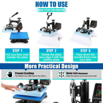 Heat Press Machine for Tshirts, 12"x10'' Heat Press, 650W Heat Transfer Machine, Heat Printing Press for Sublimation with 360 Degree Rotation Swing