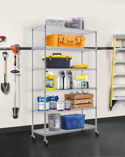 6-Tier Storage Racks, 2100Lbs Capacity Heavy Duty Metal Shelf with Wheels, NSF Certified Commercial Grade Adjustable Large Wire Shelving Unit for