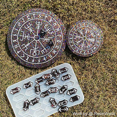 ResinWorld Rune Set Mold for Resin, Viking Divination Runes Resin Mold, Large Viking Rune Compass Silicone Mold, Rune Coaster Tray Mold, Runes Dice ResinWorld