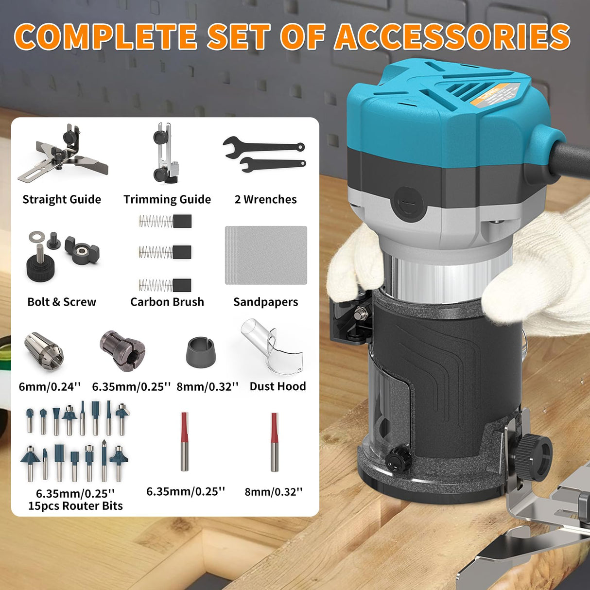 TWOWIN Router Tool, 6.5 Amp 1.25 HP Hand held Wood Router Tool, Compact Palm Trim Router for Woodworking, 6 Variable Speeds Fixed Base Laminate TwoWin