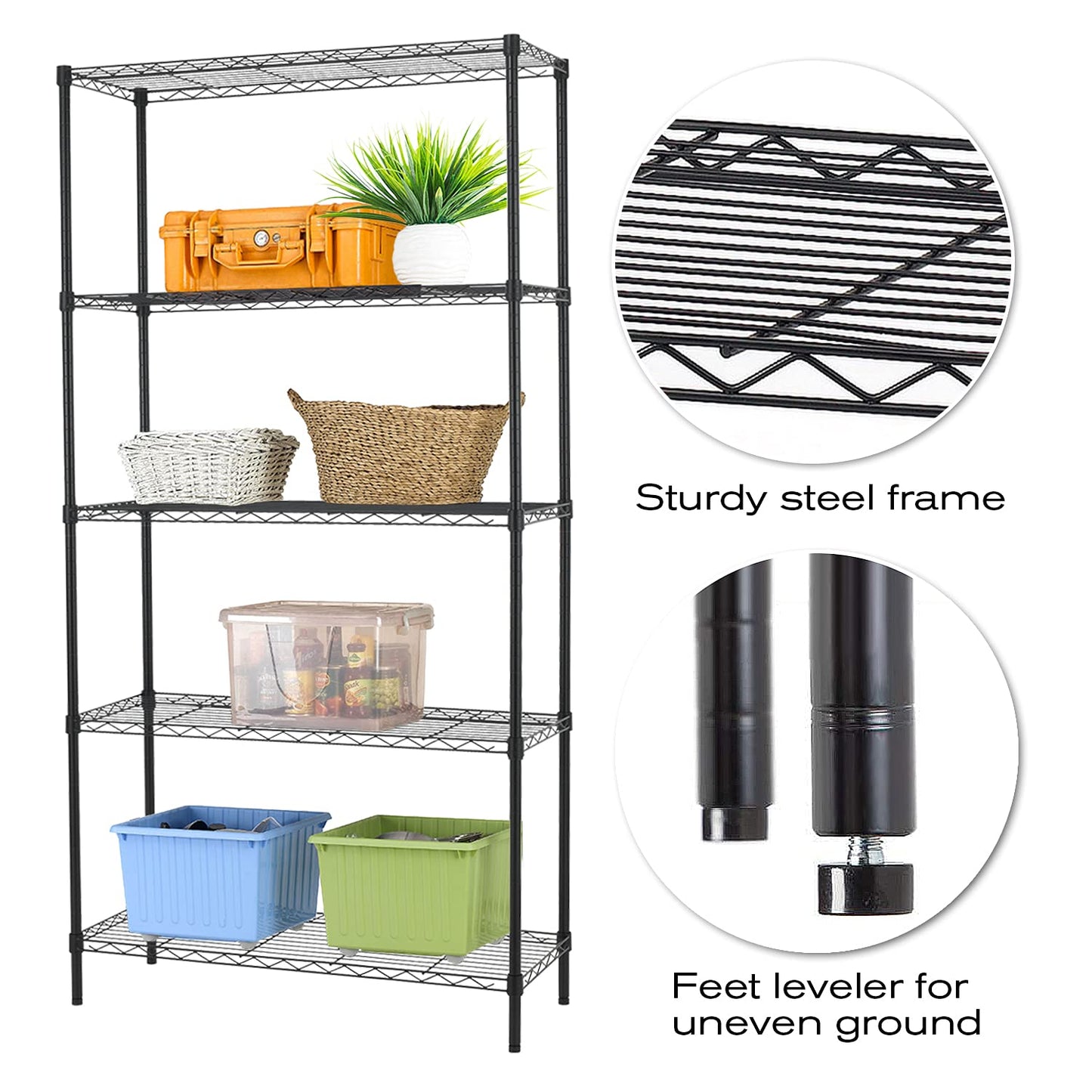 HCY 5-Tier Storage Shelf Heavy Duty Shelving Unit NSF Height Adjustable Metal Storage Rack for Laundry Bathroom Kitchen Garage Pantry Organization -