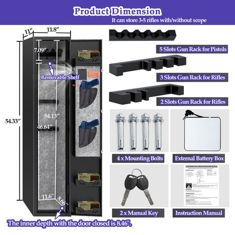KAER 3-5 Gun Safes for Home Rifle and Pistols, Quick Access Safes for Shotguns, cabinets with Adjustable Rack, Pockets and Removable Shelf KAER