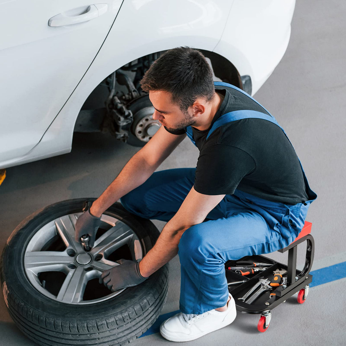 S AFSTAR Rolling Creeper, Heavy Duty Mechanics Creeper Seat with Partitioned Tool Storage & 4 Universal Wheels, Comfortable Padded Mechanic Stool for S AFSTAR