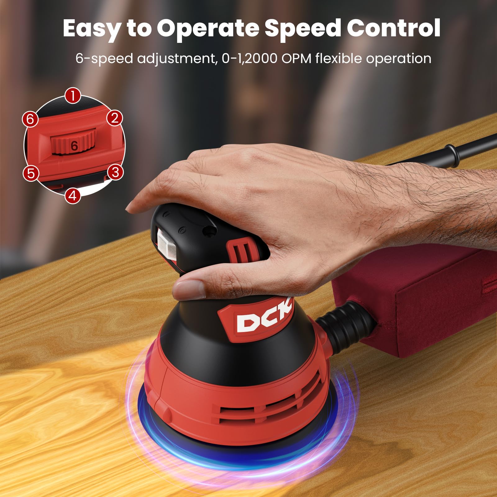 DCK Random Orbital Sander 3 Amp 5 inch 12000OPM Corded 6 Variable Speed Palm Sander with Dust Collector with 10 pcs Sander papers, Fit for - WoodArtSupply