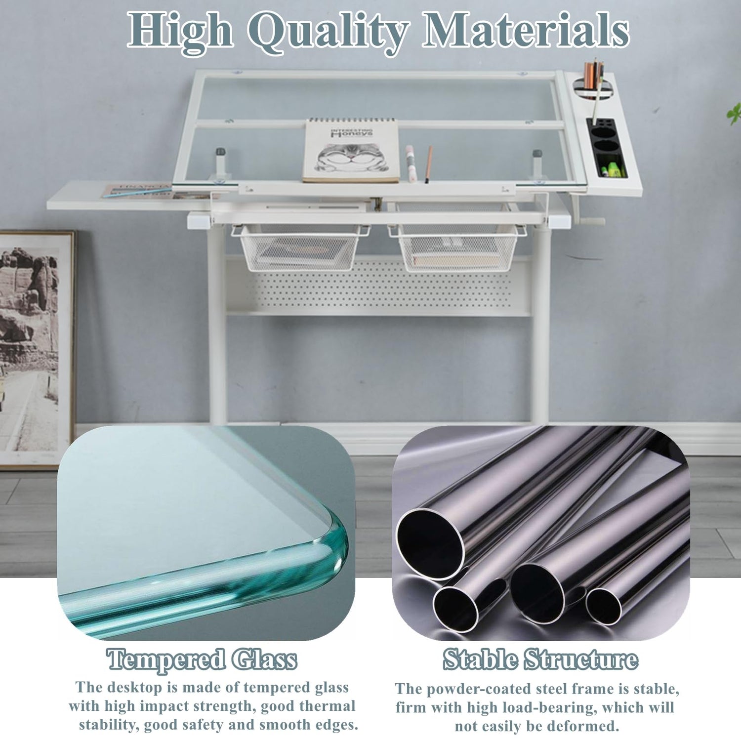 Gagawin Upgraded Height Adjustable Drafting Table Drawing Desk Artist Table with Stool for Home Office, Tilting Glass Tabletop Art Craft Desk w/2 Gagawin