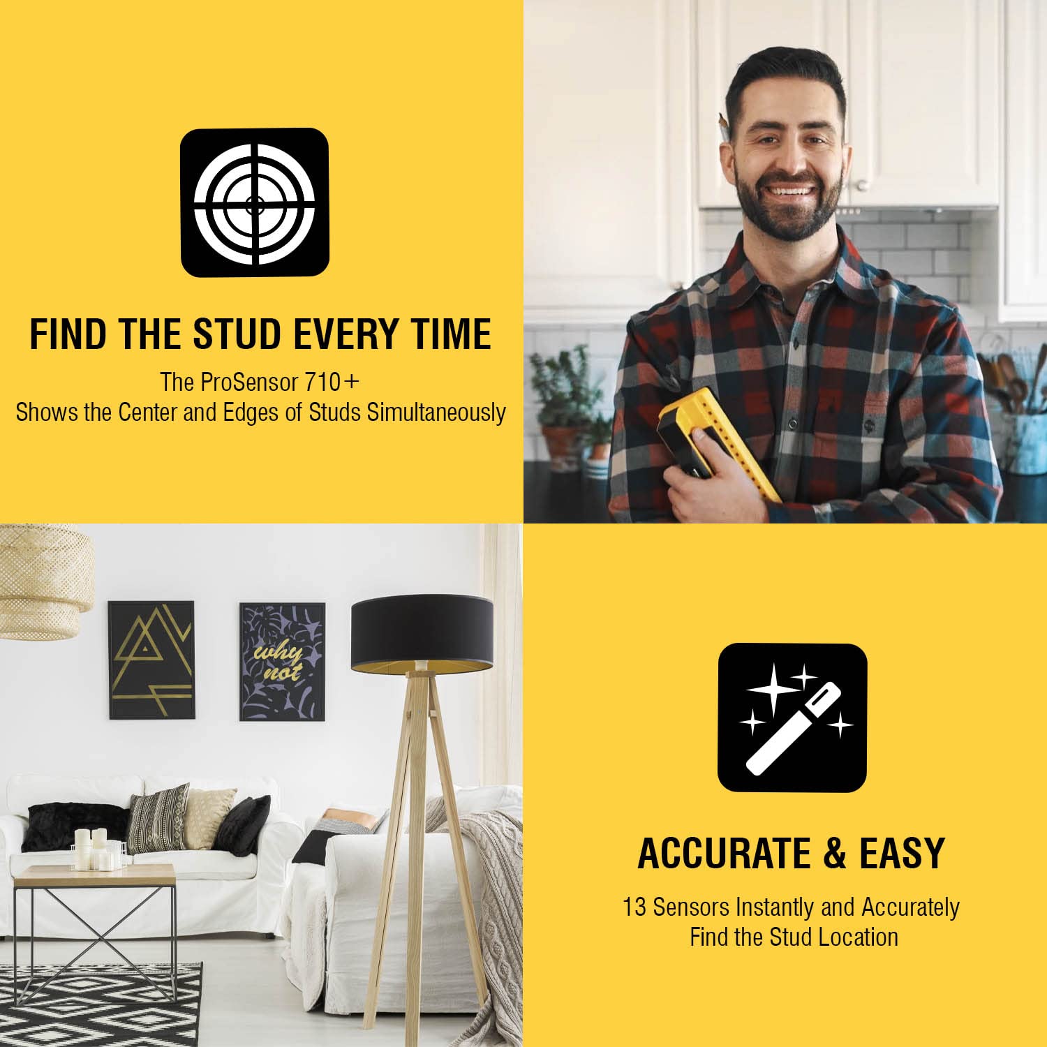 Franklin Sensors ProSensor 710+ Stud Finder with 13-Sensors, Wood & Metal Stud Detector/Wall Scanner, Built-in Bubble Level Franklin Sensors