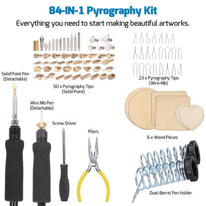 WEP 939D-VII 2-IN-1 Wood Burning Kit 84-IN-1 with 51 Solid Points and 23 Wire Nibs Wood Burner with 2 Letter Number Stencils, 6 Unfinished Wood, 1 Pen Holder, Burning Tool