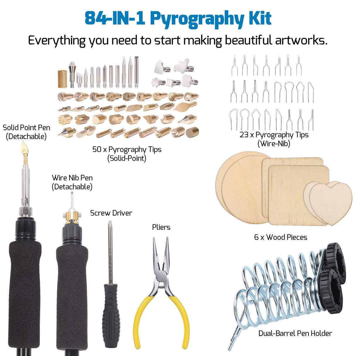 WEP 939D-VII 2-IN-1 Wood Burning Kit 84-IN-1 with 51 Solid Points and 23 Wire Nibs Wood Burner with 2 Letter Number Stencils, 6 Unfinished Wood, 1 WEP