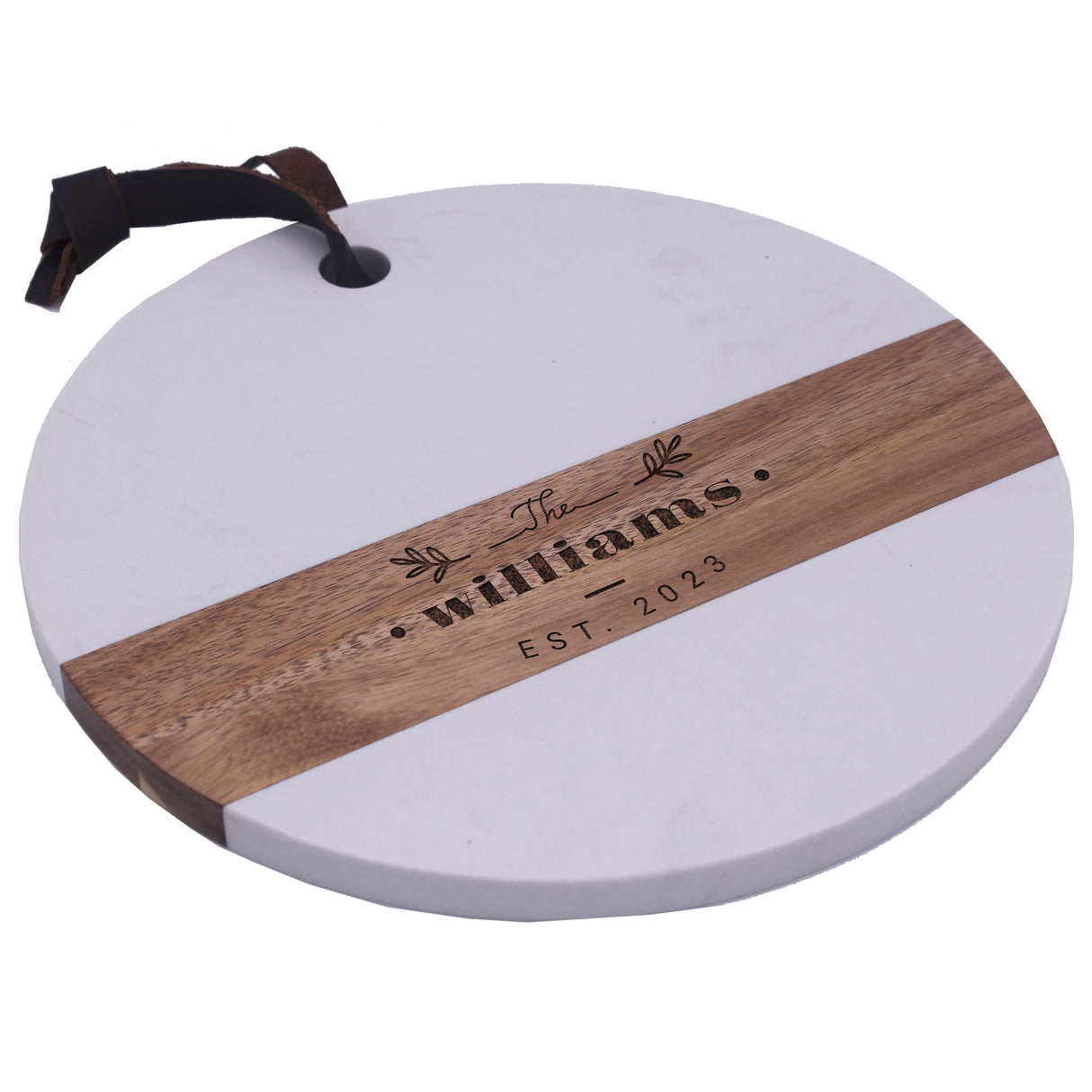 The Wedding Party Store Custom Personalized Round Marble and Acacia Meat, Cheese, Charcuterie Serving Board Platter with Leather Hanging Strap The Wedding Party Store