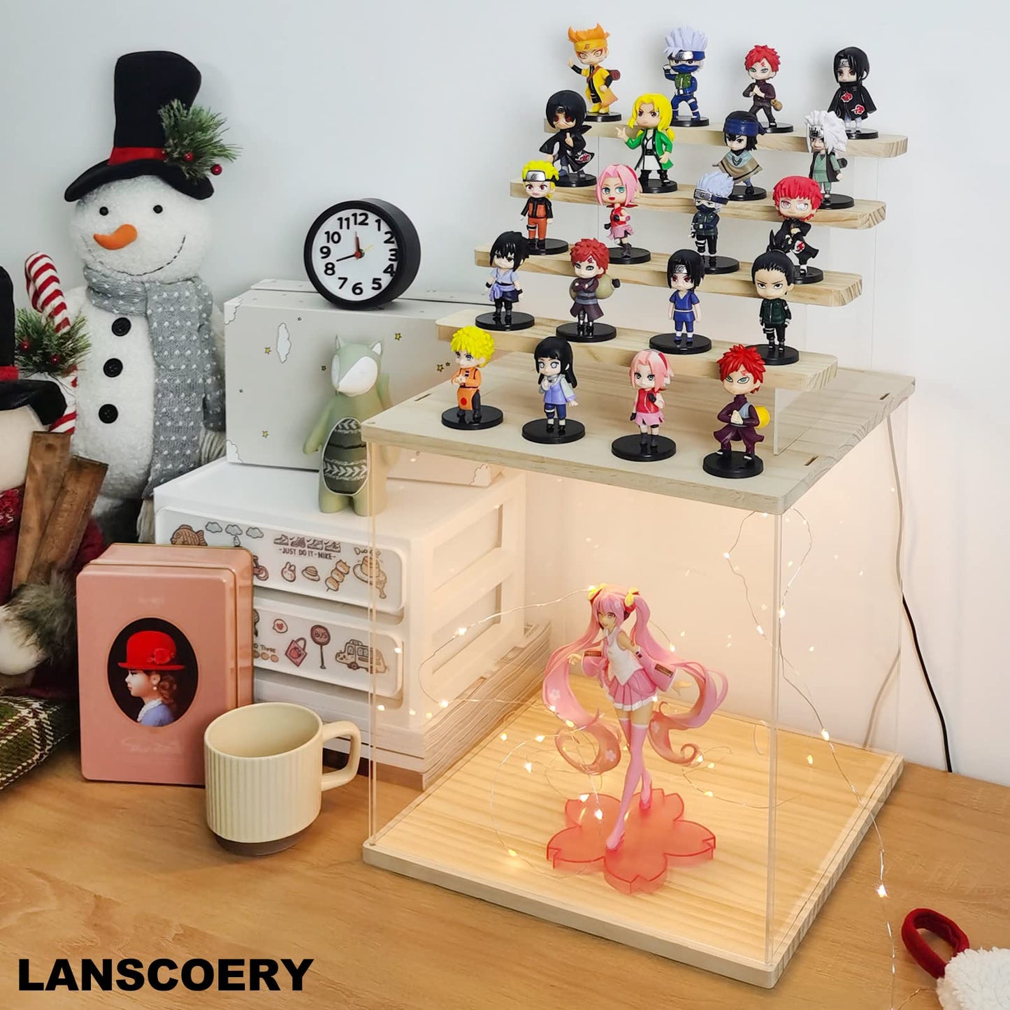 LANSCOERY Clear Acrylic Display Case with Light, Assemble 5 Tier Display Box Stand with Wooden Base, Dustproof Protection Showcase for Collectibles