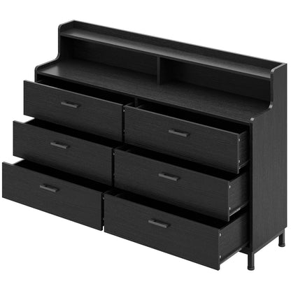 DICTAC Black Dresser with Shelves, 6 Drawers Double Dresser, Wood Chest of Drawers, Large Capacity Storage Organizer Dresser for Bedroom, Living