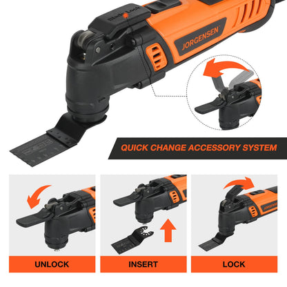 JORGENSEN Oscillating Tool 5°Oscillation Angle, 4 Amp Oscillating Multi Tools Saw, 7 Variable Speed with 16-piece Electric Multitool Blades & - WoodArtSupply