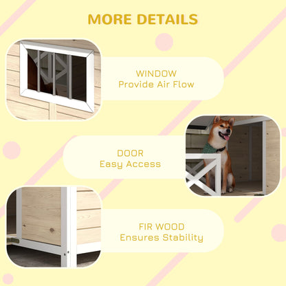 PawHut Wooden Dog House Outdoor with Porch, Raised Pet Kennel for Medium Large Dogs, with Asphalt Roof, Front Door, Side Windows, Gray - WoodArtSupply