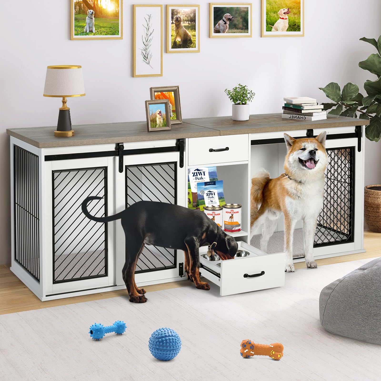 Extra Large Dog Crate Furniture, 85" Sliding Door Double Kennel for 2 Large Dogs Divided, Heavy Duty Wooden Dog Crate Kennel Furniture with 4 Dog - WoodArtSupply