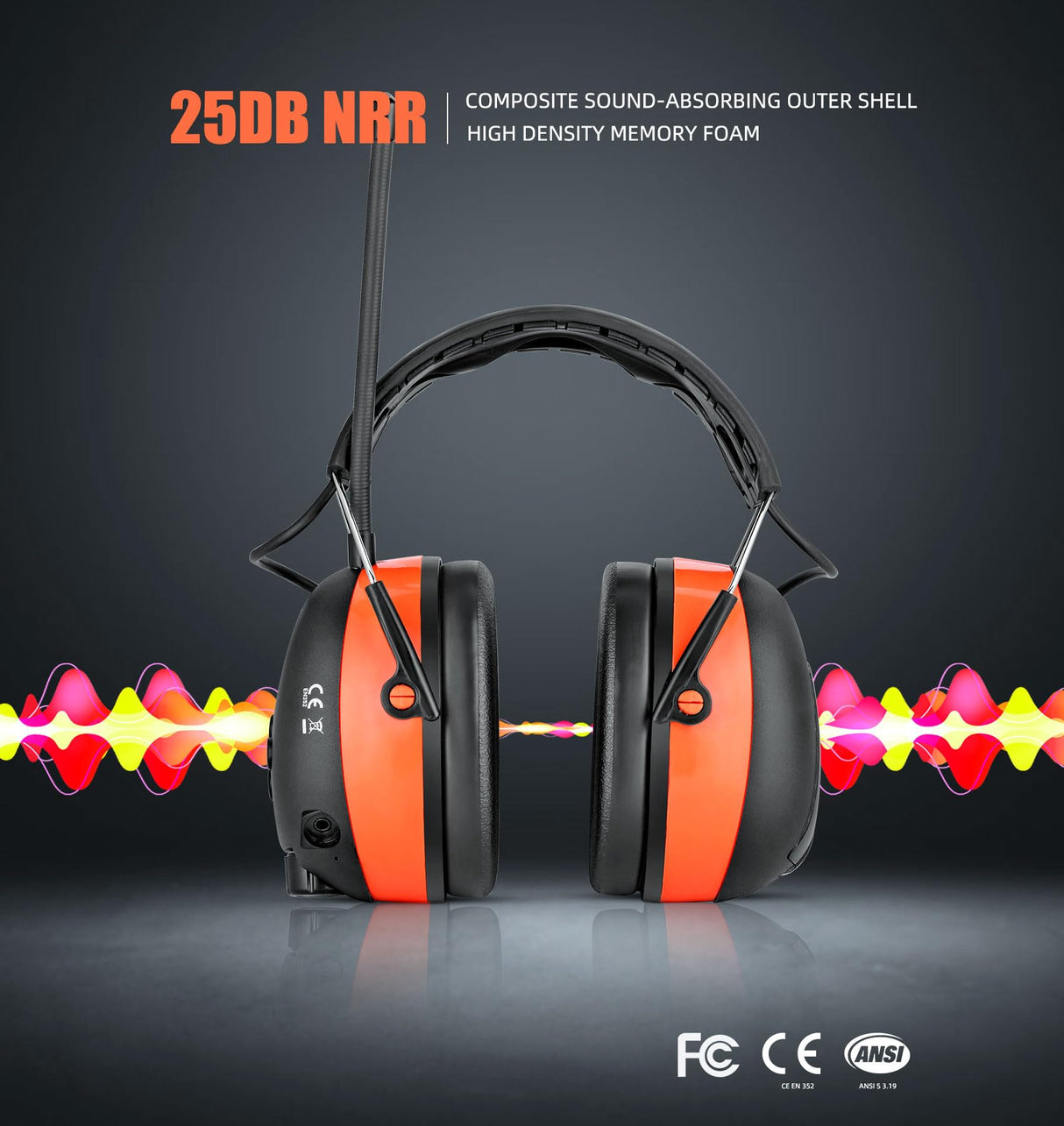 Hocazor HP033 Bluetooth 5.3 Hearing Protection AM FM Radio Headphones, 25dB NRR Noise Reduction Safety Earmuffs with 2000mAh Rechargeable Battery for Hocazor