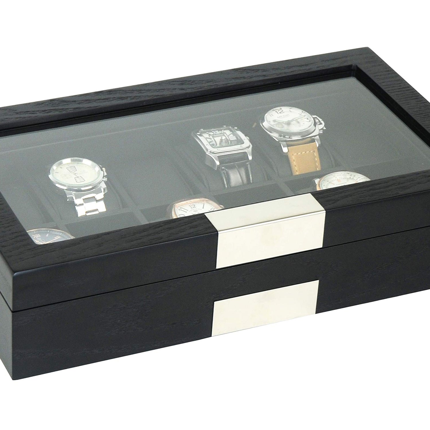 TIMELYBUYS Personalized 12 Black Wood Watch Box Display Case Storage Jewelry Organizer with Glass Top, Stainless Steel Accents, and Oversized Deluxe TIMELYBUYS