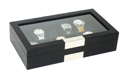 TIMELYBUYS Personalized 12 Black Wood Watch Box Display Case Storage Jewelry Organizer with Glass Top, Stainless Steel Accents, and Oversized Deluxe - WoodArtSupply