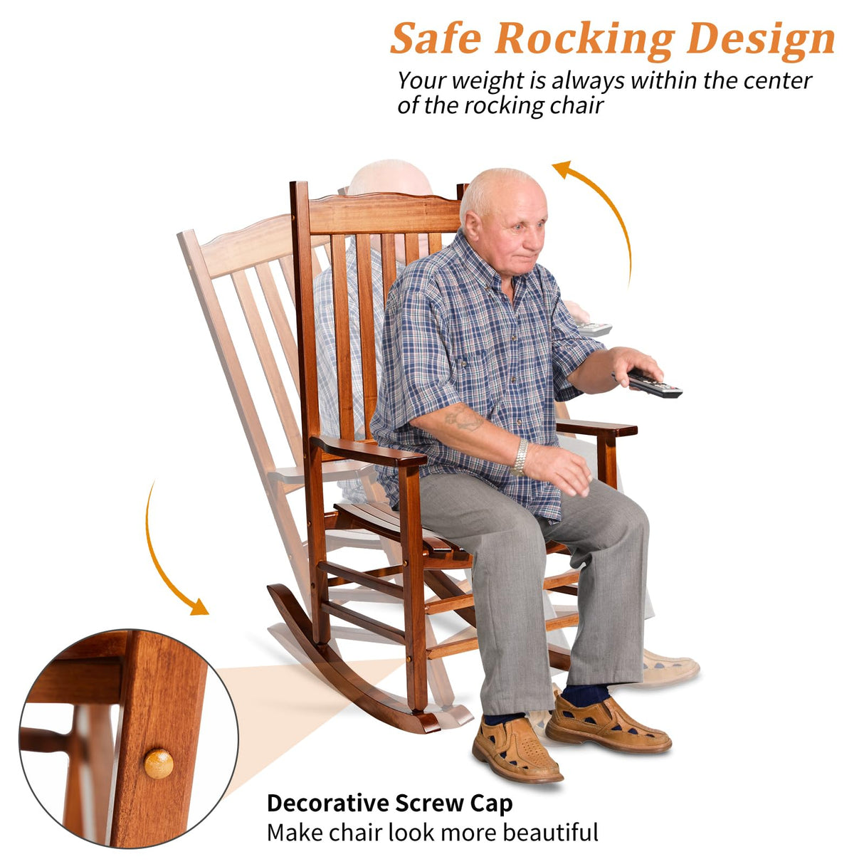 Outvita Outdoor Rocking Chair, Solid Wood High Back Rocker, All Weather Lounge Chair for Porch Patio Fire Pit Garden Backyard Deck Indoor, Wave Outvita