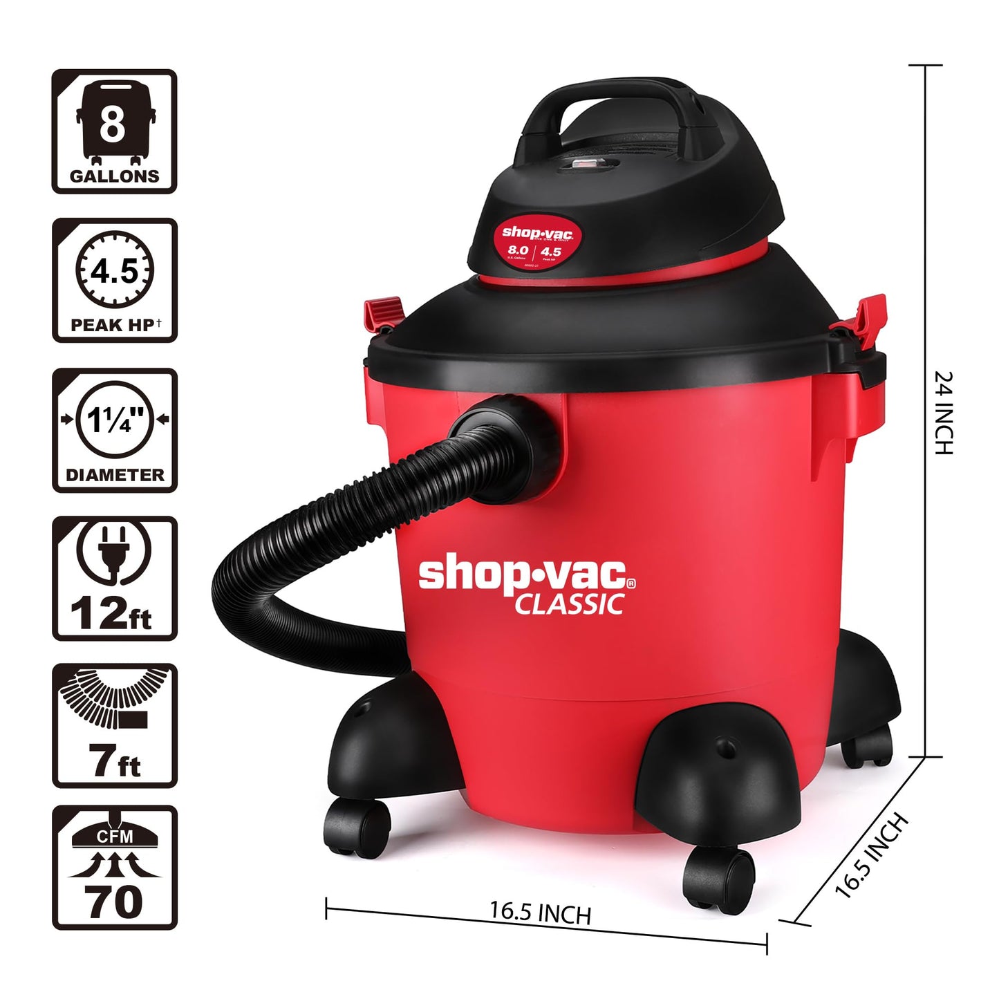 Shop-Vac 8 Gallon 4.5-Peak HP Wet/Dry Vacuum, 3 in 1 Function with Filter, Hose and Accessories, Ideal for Jobsite, Garage, Car & Workshop. 5971836