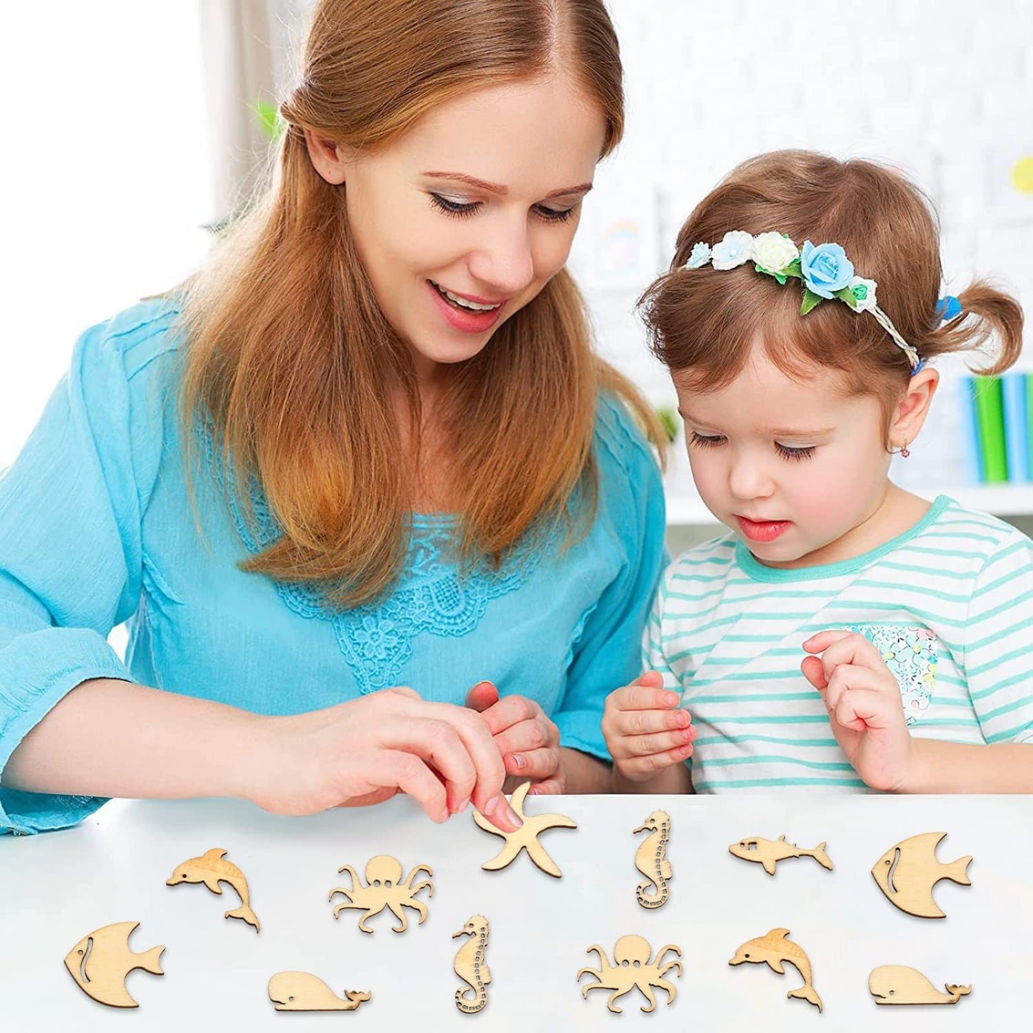 Stiesy 100 Pcs Assorted Sea Animal Theme Wood Cabochons Shark Agarfish Dolphin Seahorse Octopus Clownfish Unfinished Wooden Cutouts Slice Pieces Stiesy