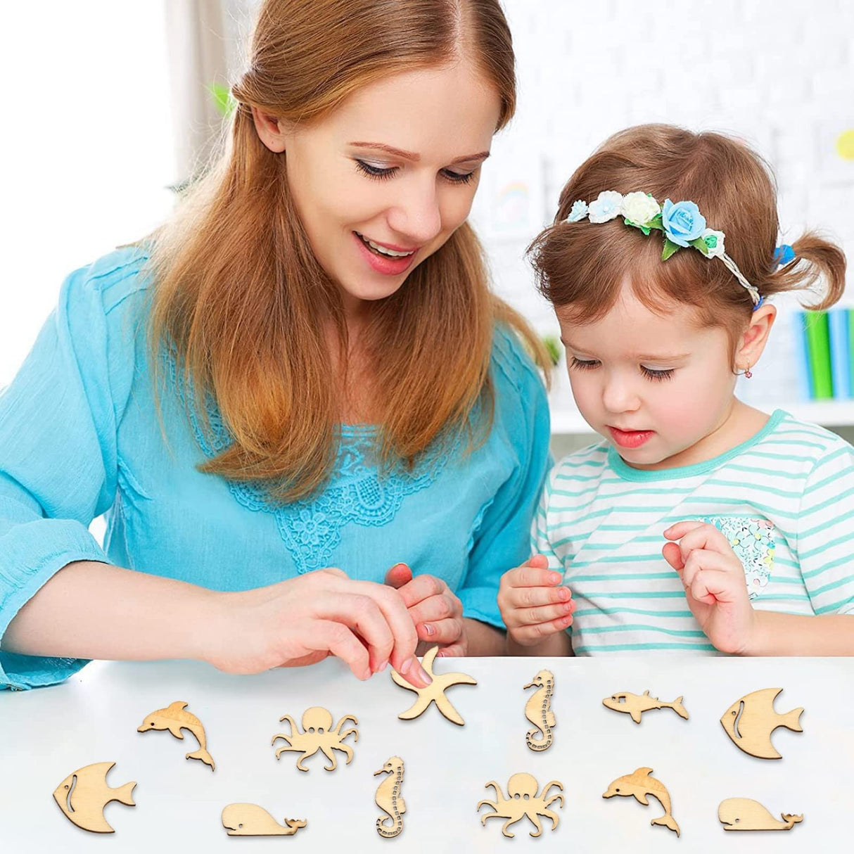 Stiesy 100 Pcs Assorted Sea Animal Theme Wood Cabochons Shark Agarfish Dolphin Seahorse Octopus Clownfish Unfinished Wooden Cutouts Slice Pieces Stiesy