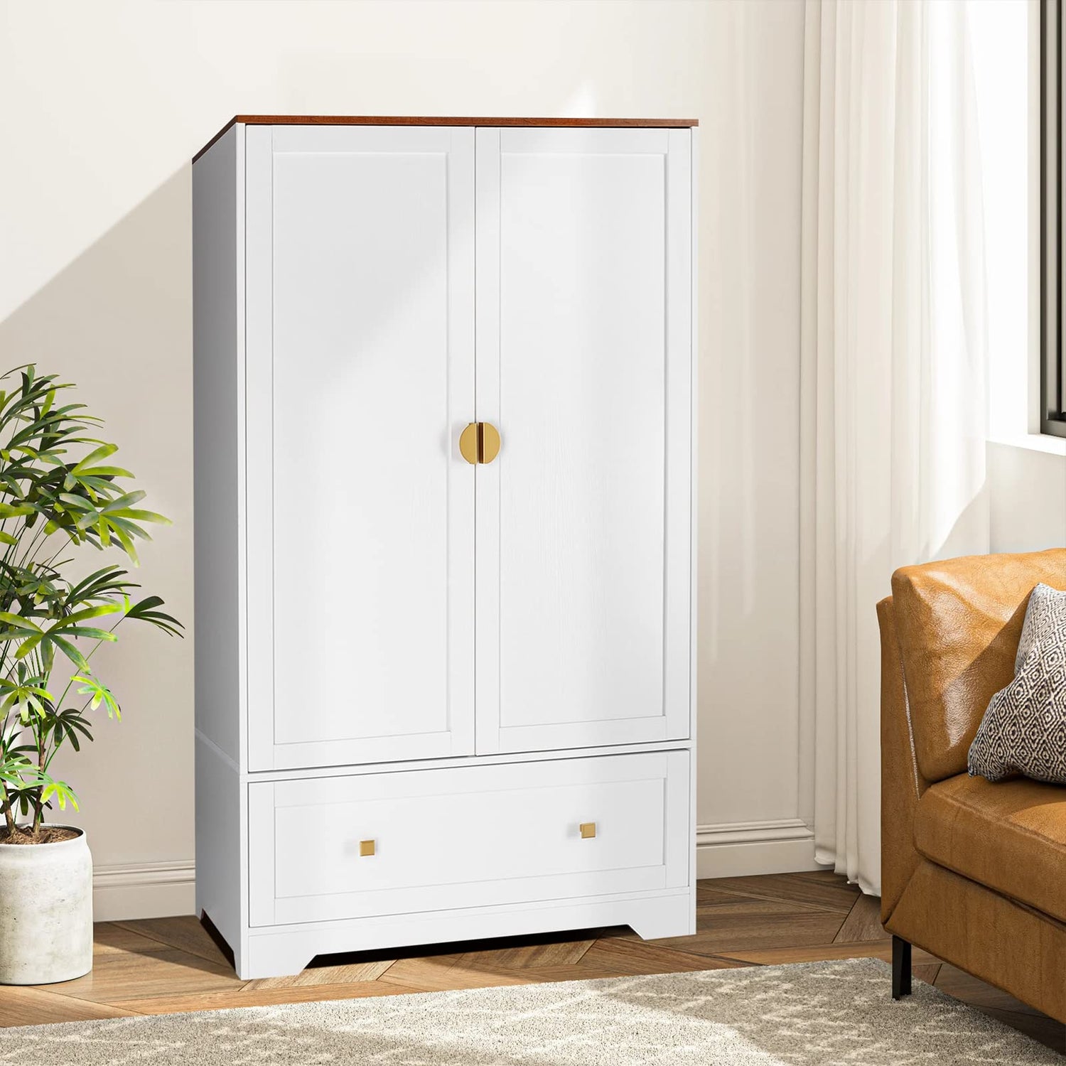 VINGLI Wide Wardrobe Closet, White Armoire Wardrobe with Hanging Rod, Shelves and Drawer, Freestanding Closet Wardrobe Cabinet, Armoires and VINGLI